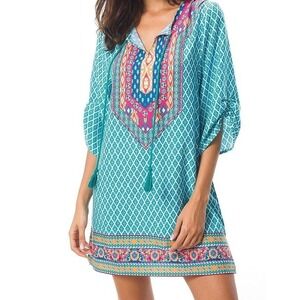 Urban Coco Women's Teal Bohemian Tunic Dress Flowy 3/4 Sleeve Size Small Summer